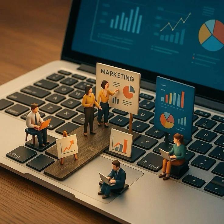 Internet marketing channels illustration showing market, music, internet, search and chat icons