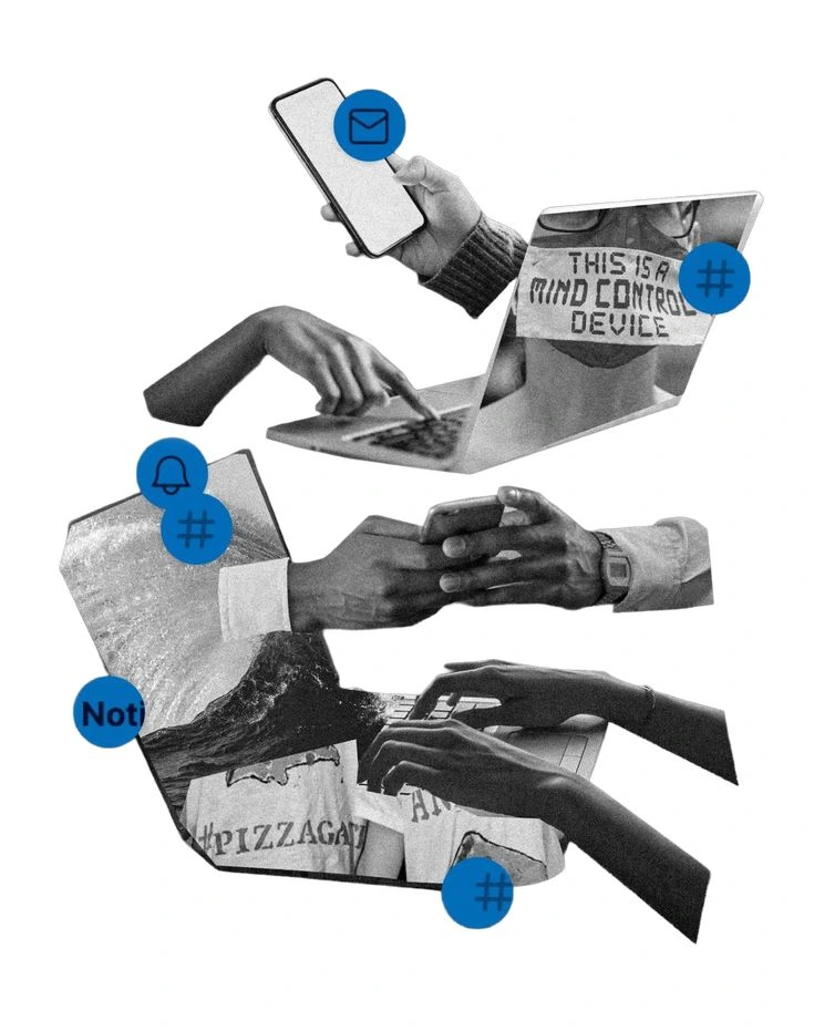 Internet marketing channels illustration showing market, music, internet, search and chat icons